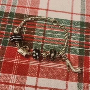 Charm Bracelet Lampwork Glass Beads Silvertone Clear Rhinestone Heel Purse